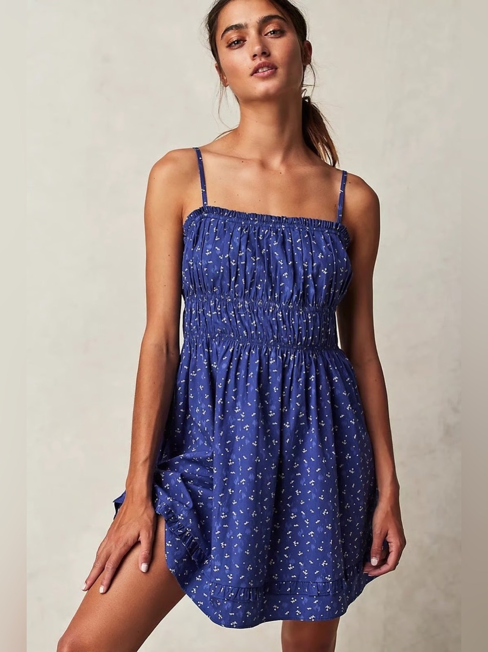 Free People Gabby Mini Dress in Blue Floral Print Sleeveless Cinched Lined